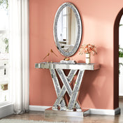 Console Table and Oval Wall Mirror Set in Silver Mirrored Glass