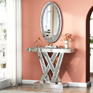 Console Table and Oval Wall Mirror Set in Silver Mirrored Glass