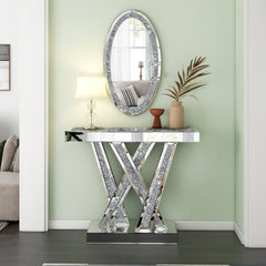 Console Table and Oval Wall Mirror Set in Silver Mirrored Glass