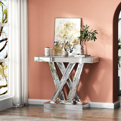 Console Table and Oval Wall Mirror Set in Silver Mirrored Glass