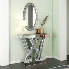 Console Table and Oval Wall Mirror Set in Silver Mirrored Glass