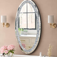 Console Table and Oval Wall Mirror Set in Silver Mirrored Glass
