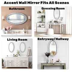 Console Table and Oval Wall Mirror Set in Silver Mirrored Glass
