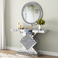Console Table and Wall Mirror Set, Mirrored Glass in Silver