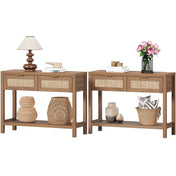 Console Table, Brown Manufactured Wood with Drawers and 2-Tier Shelf