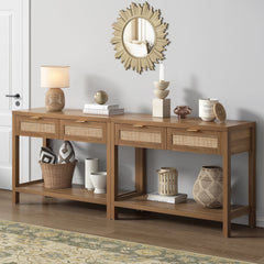 Console Table, Brown Manufactured Wood with Drawers and 2-Tier Shelf