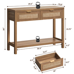 Console Table, Brown Manufactured Wood with Drawers and 2-Tier Shelf
