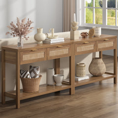 Console Table, Brown Manufactured Wood with Drawers and 2-Tier Shelf