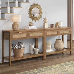 Console Table, Brown Manufactured Wood with Drawers and 2-Tier Shelf