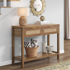 Console Table, Brown Manufactured Wood with Drawers and 2-Tier Shelf