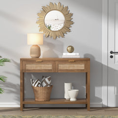 Console Table, Brown Manufactured Wood with Drawers and 2-Tier Shelf