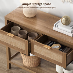 Console Table, Brown Manufactured Wood with Drawers and 2-Tier Shelf