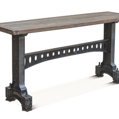 Console Table, Brown Reclaimed Teak Top with Gray Metal Trestle Base