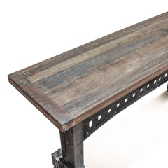 Console Table, Brown Reclaimed Teak Top with Gray Metal Trestle Base