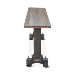 Console Table, Brown Reclaimed Teak Top with Gray Metal Trestle Base