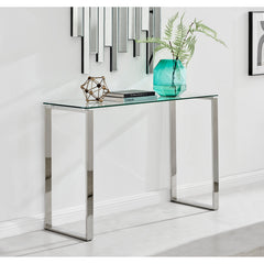 Console Table, Clear Tempered Glass Top, Silver Metal Sled Legs