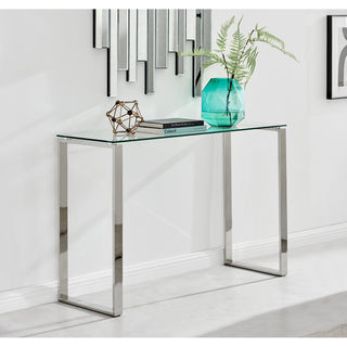 Console Table, Clear Tempered Glass Top, Silver Metal Sled Legs