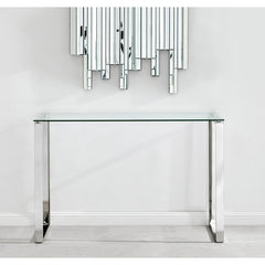 Console Table, Clear Tempered Glass Top, Silver Metal Sled Legs