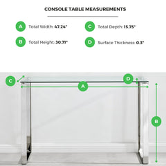 Console Table, Clear Tempered Glass Top, Silver Metal Sled Legs