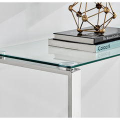 Console Table, Clear Tempered Glass Top, Silver Metal Sled Legs