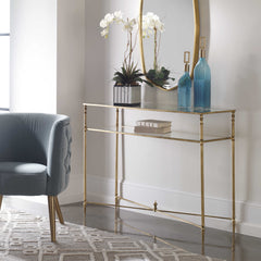 Console Table, Gold Iron Frame with Clear Tempered Glass Top
