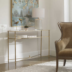 Console Table, Gold Iron Frame with Clear Tempered Glass Top