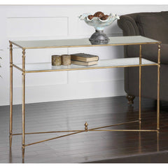 Console Table, Gold Iron Frame with Clear Tempered Glass Top