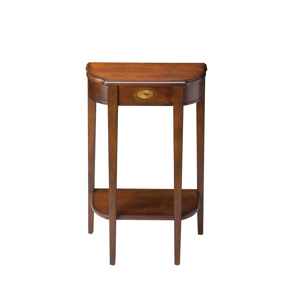Console Table in Solid and Engineered Wood with Open Shelf, Distressed Olive Ash Burl