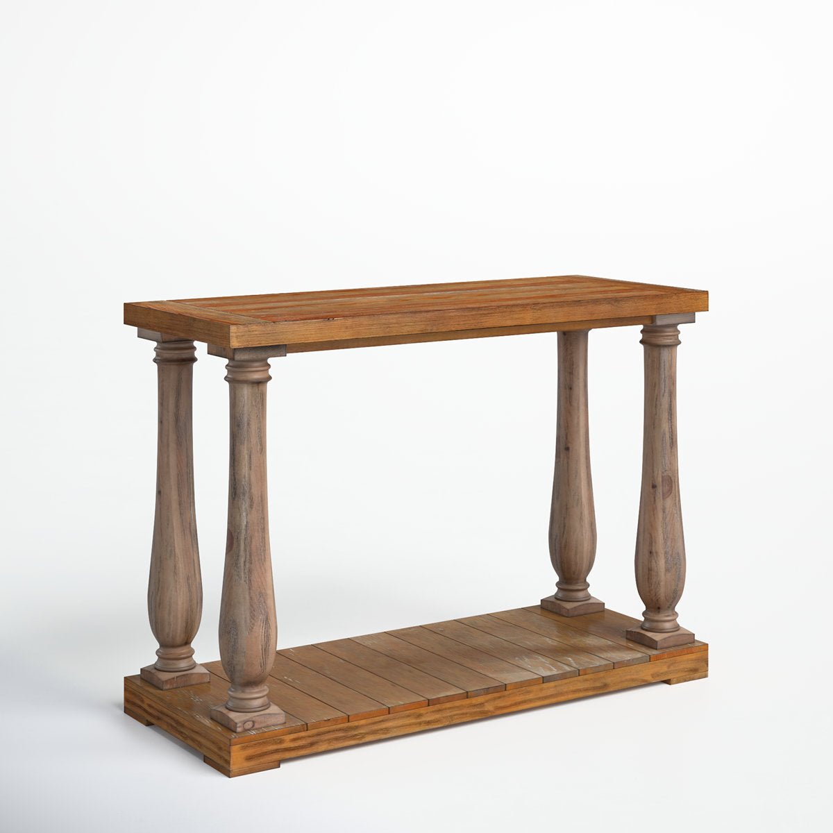 Console Table in Solid Pine with Lower Shelf, Weathered Pine