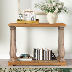Console Table in Solid Pine with Lower Shelf, Weathered Pine