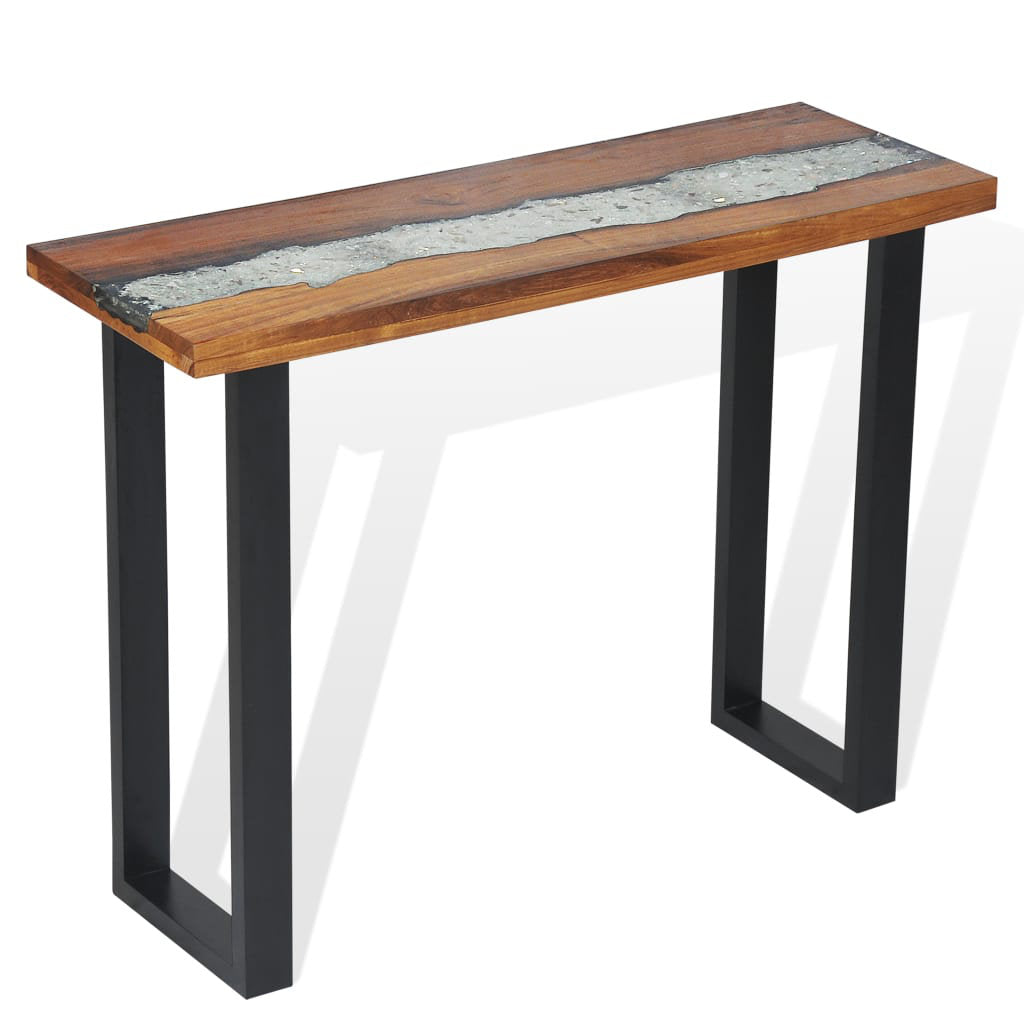 Console Table in Solid Teak and Glass with Mahogany Trestle Base, Brown