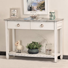 Console Table in Solid Wood with Drawers, Distressed Gray