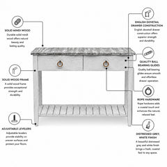 Console Table in Solid Wood with Drawers, Distressed Gray