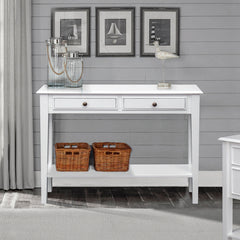 Console Table in White with Two Drawers and Open Shelf