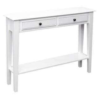 Console Table in White with Two Drawers and Open Shelf