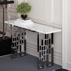 Console Table, Manufactured Wood Top, White and Silver Metal Base