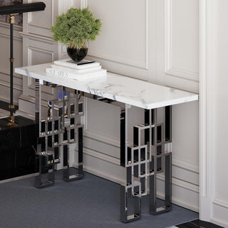 Console Table, Manufactured Wood Top, White and Silver Metal Base