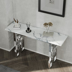 Console Table, Manufactured Wood Top, White and Silver Metal Base