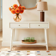 Console Table, Mid-Century, 42 in Wide, White Wood
