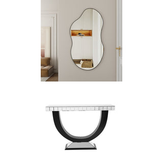 Console Table, Mirrored Glass Top in Silver with Black Wood Base