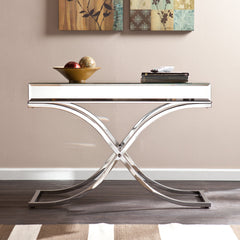 Console Table, Mirrored Glass Top with Iron Cross Legs