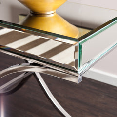 Console Table, Mirrored Glass Top with Iron Cross Legs