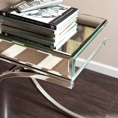 Console Table, Mirrored Glass Top with Iron Cross Legs
