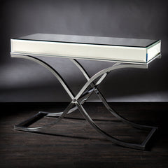 Console Table, Mirrored Glass Top with Iron Cross Legs