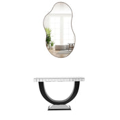 Console Table, Mirrored Glass Top with U-Shaped Wood Base, Black and Silver