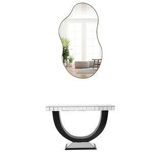 Console Table, Mirrored Glass Top with U-Shaped Wood Base, Black and Silver