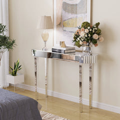Console Table, Oval Mirrored Glass Top with Silver Base