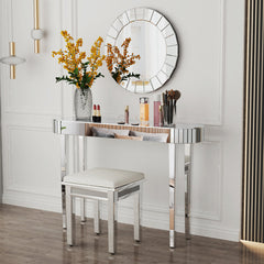 Console Table, Oval Mirrored Glass Top with Silver Base