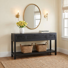 Console Table, Solid Mango Wood, Three Drawers, Black Finish