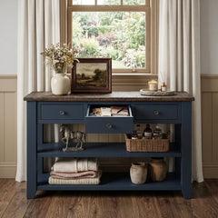 Console Table, Solid Pine with Blue Base
